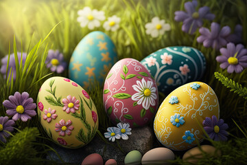 Obraz na płótnie Canvas Colorful Easter Eggs in a Colorful Garden