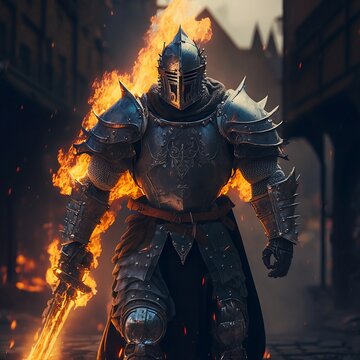 A Knight Wearing Flaming Armor Carrying a Flaming Sword Generative AI