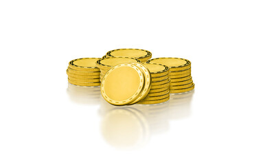 Gold coins stacks isolated on white background with reflection, 3d render illustration, Business and finance concept.