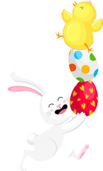 White rabbit character with little chick and easter eggs. Happy Easter day concept. Cartoon character design, illustration.
