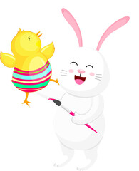 White rabbit character with little chick and paint brush. Happy Easter day concept. Cartoon character design, illustration.
