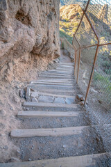 Phoenix, Arizona- Steep hiking trail with manmade wooden stairs at Camelback Mountain. High angle...