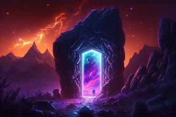 Night scene with magic portal, fantastic energy door to alien world. background with fantasy illustration of mountain landscape with mystic glowing in frame
