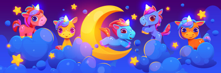 Cute unicorn with moon, star and cloud night sky vector scene. Baby dream wallpaper with crescent and flying pony kids illustration. Blue magic fantasy landscape for nursery or website banner. © klyaksun