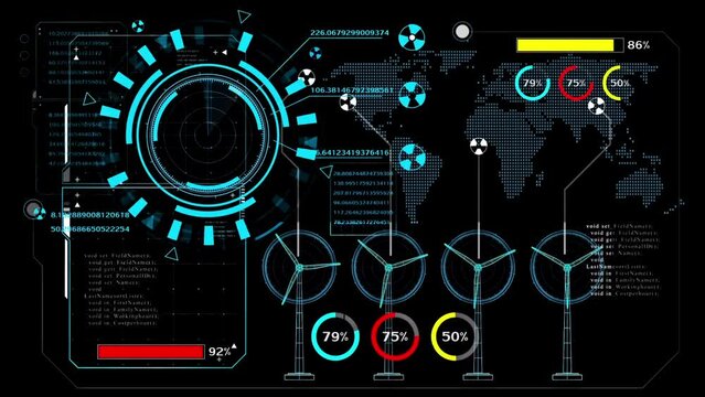 Wind Generators real time status graphic interface. HUD Hologram background, Show percentage, chart, numeric value and wave form of Wind turbine. Green Energy, alternative energy and eco power concept