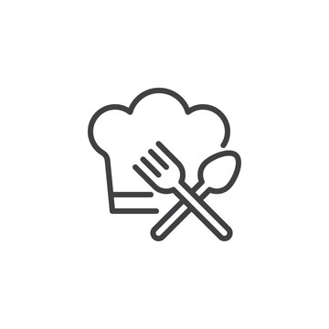 Chief hat with crossed fork and spoon line icon