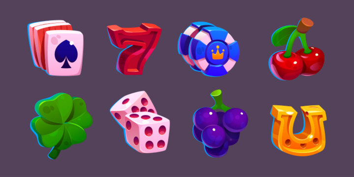 Set cartoon of casino poker game. Slot machine icon design with fruit and lucky symbol in vector. Ui element for jackpot in gambling. Vegas asset collection with clover, dices, cherry and horseshoe.