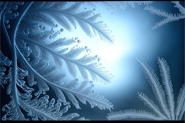 Frozen pattern on the window. Frosted glass in amazing elements. Winter crystal background texture. 3D render. AI generated.