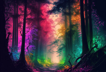A fairytale forest, a surreal, mystical landscape. The dark trees are illuminated by multicolored psychedelic neon light. A mysterious path through the thicket. 3D rendering. AI generated.