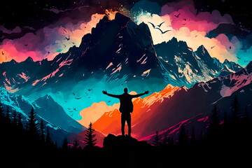 Fototapeta premium Silhouette of a man in front of the mountains.Generative AI