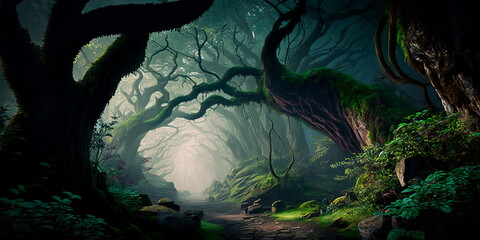 Mystical forest with fog, where fairies and elves live.Generative AI