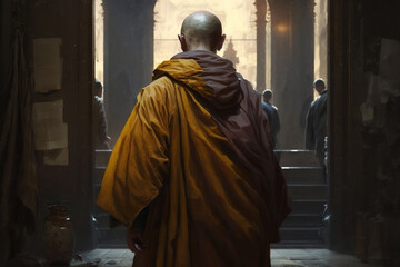 Fototapeta na wymiar Bald Buddhist monk in robe in temple. Unrecognizable old religious minister, back view. Generative AI illustration