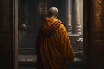 Fototapeta na wymiar Bald Buddhist old monk in orange traditional robe in temple. Unrecognizable religious minister, rear view. Religion Buddhism, spirituality concept. Generative AI illustration