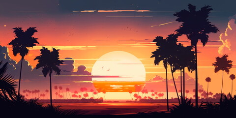 Summer sunset over the horizon with palm trees in the distance. Generative AI