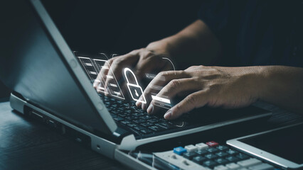 Cyber​​security and network concept Businessman using computer coding virtual lock screen icon...