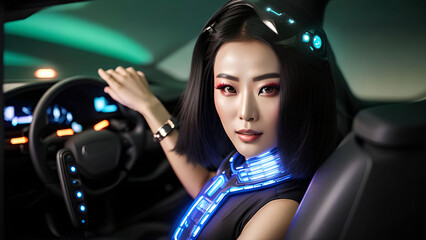 Fototapeta na wymiar futuristic asian woman driving a car, generative art by A.I.