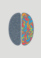 Human brain. Vector illustration of the right and left hemispheres of the human brain. Sketch for creativity.