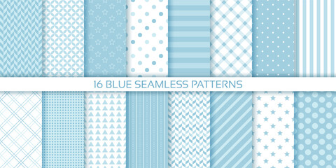 Scrapbook background. Blue seamless pattern. Set cute baby shower prints. Retro pastel texture with polka dots, stripes, herring bone, plaid. Childish wrapping backdrop. Monochrome vector illustration