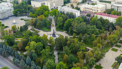 Fototapeta na wymiar Krasnodar, Russia - August 27, 2020: Monument to Empress Catherine II in Catherine Square. Aerial view, Aerial View