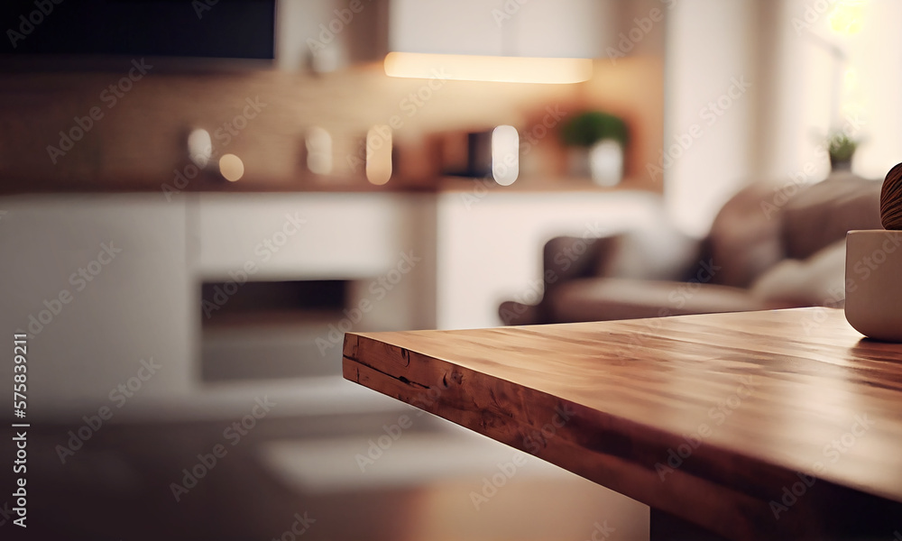 Poster wooden empty table in front of living room sofa interior. for product display and presentation. gene