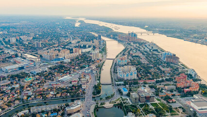 Astrakhan, Russia. View of the city during sunset. Canal Varvatsiya and the Volga River, Aerial View