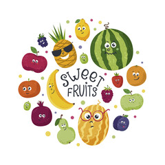 Funny kawaii fruits in a circle