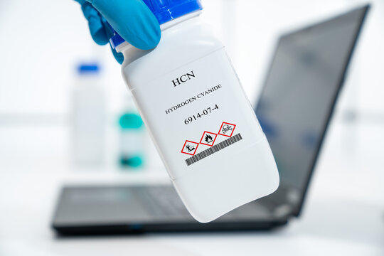 HCN hydrocyanic acid hydrogen cyanide CAS 6914-07-4 chemical substance in white plastic laboratory packaging