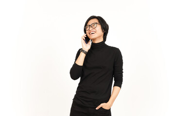 Make a Phone Call Using smartphone with smile face Of Handsome Asian Man Isolated On White
