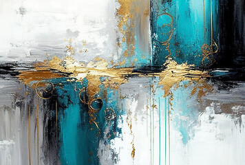 Splashes of bright paint on the canvas.Gold, black, blue and gray colors. Interior painting. Beautiful background. Generative AI.