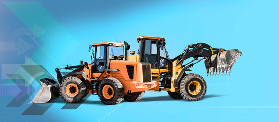 Two loaders or bulldozers on a blue industrial background. Transportation of sand, gravel and other bulk materials. Loading and transportation. Rental of construction equipment. infographics. © Anoo