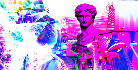 Cyberpunk Styled Neon Pink Vaporwave Statue with Cityscape and Dolphin in a Pool, Generative AI art