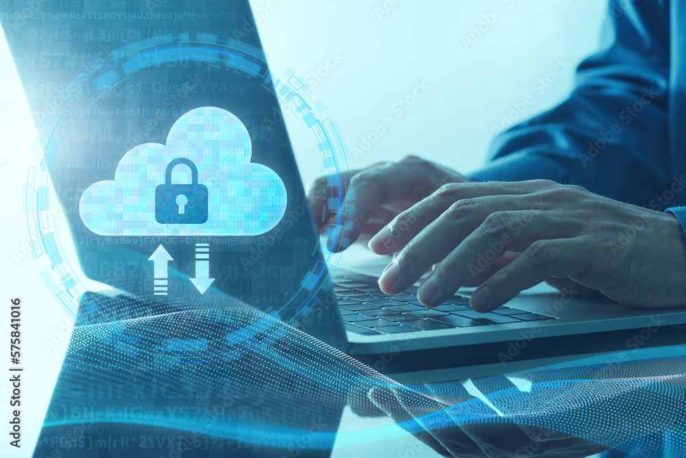 Poster cloud security system. cloud icon and laptop. closeup of hands typing.