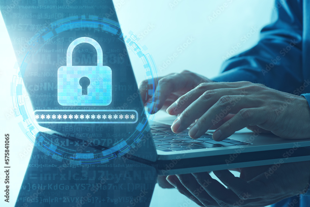 Aufkleber Secure password and encryption image. Padlock icon and laptop. Closeup of hands typing.