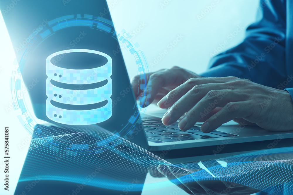 Aufkleber Creating and deploying database. Database icon and laptop. Closeup of hands typing.