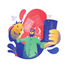 Illustration Muslim Man Taking Photo With Cow Eid Al Adha