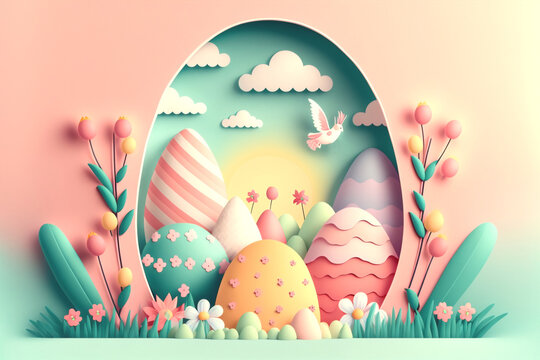 Ornamental kirigami egg, with flowers and plants made of paper. Happy Easter Theme, AI Generative illustration.