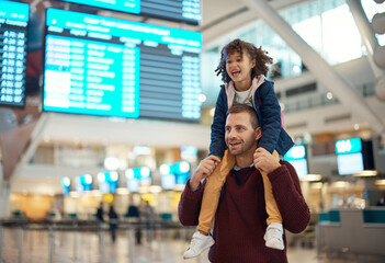 Travel, father and piggyback girl at airport, laughing at comic joke and having fun together. Immigration flight, adoption care and happy man carrying foster kid or child at airline, smile or bonding - obrazy, fototapety, plakaty