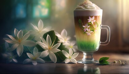 close up a glass of cocktail smoothie with flower decoration, Mojito, Generative Ai