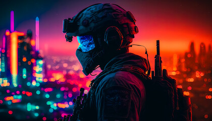 Generative AI illustration of a Creative Art a special forces soldier, it stands at full height, with a gun in his hands, in a big neon city