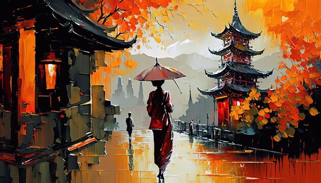 paint like illustration of Asian ancient town lakeside landscape , Generative Ai	
