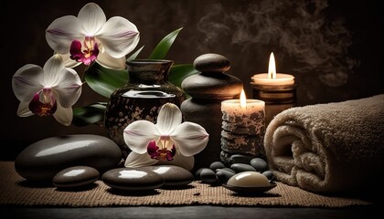 Fototapeta na wymiar Zen spa with aroma oil product in peaceful atmosphere, Generative Ai