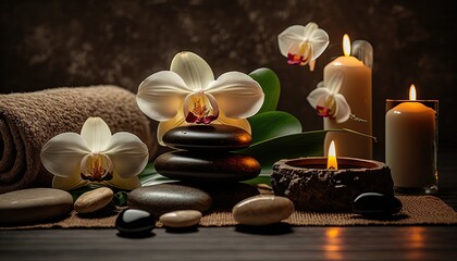 Zen spa with aroma oil product in peaceful atmosphere, Generative Ai