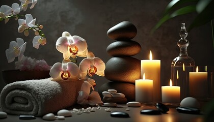 Zen spa with aroma oil product in peaceful atmosphere, Generative Ai