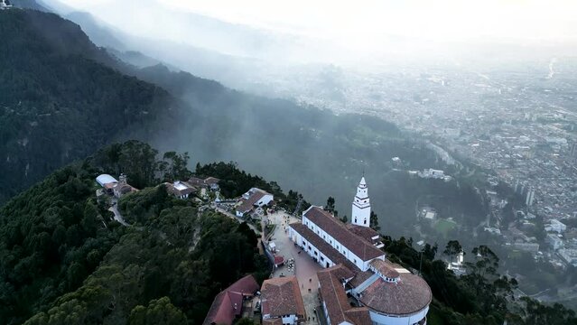 Majestic views of the center of Bogotá from Monserrate, aerial views from a drone