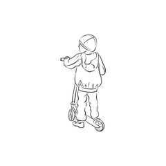 vector line drawing sketch of young boy with scooter, hand drawn illustration