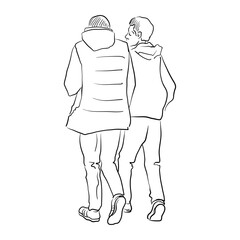 vector line drawing sketch of two walking men, talking friends, hand drawn illustration