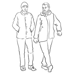 vector line drawing sketch of two walking men, talking friends, hand drawn illustration