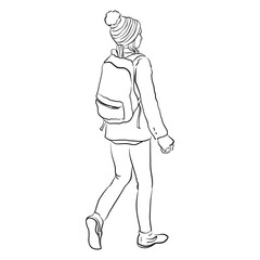 vector line drawing sketch of school girl with backpack , hand drawn illustration