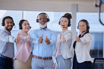 Portrait, call center and team with thumbs up, achievement and success with target, goals or client...