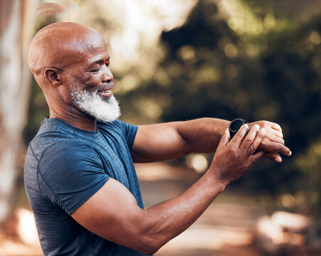 Smart Watch, Senior Man And Fitness With Exercise And Mockup Screen To Check Time Performance. Hands Of Black Person With Smartwatch Health App For Heart, Steps And Clock Or Workout Progress Outdoor